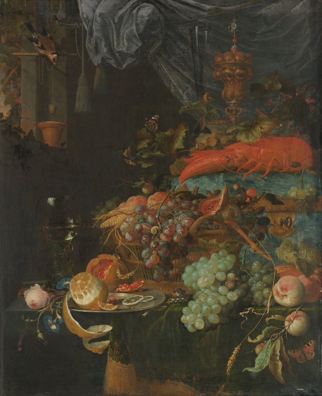 有水果和金翅雀的静物画 作者 亚伯拉罕·米尼翁（Abraham Mignon）