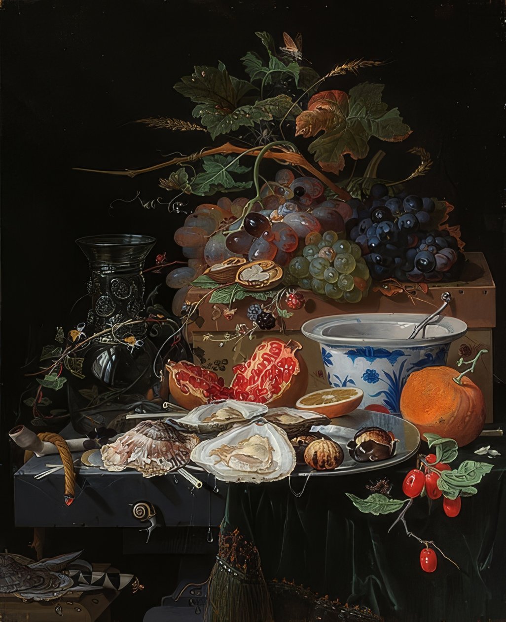 静物水果，牡蛎和瓷器碗 作者 亚伯拉罕·米尼翁（Abraham Mignon）