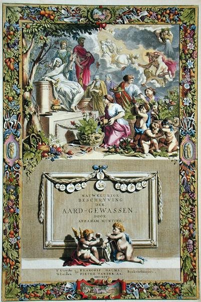 亚伯拉罕-芒廷（1626-83年）的 "Nauwkerige Beschryving der Aard-Gewassen "的扉页，1666年出版（彩色版画） 作者 亚伯拉罕·蒙廷