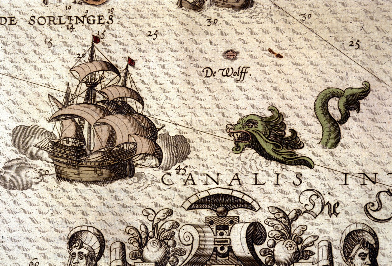 攻击大帆船（caravel）的海洋怪物。 亚伯拉罕·奥特柳斯 (Abraham Ortelius) 于 1584 年在安特卫普创作的“Theatrum Orbis Terrarum”中的地图细节。 作者 亚伯拉罕·奥特里乌斯（Abraham Ortelius）