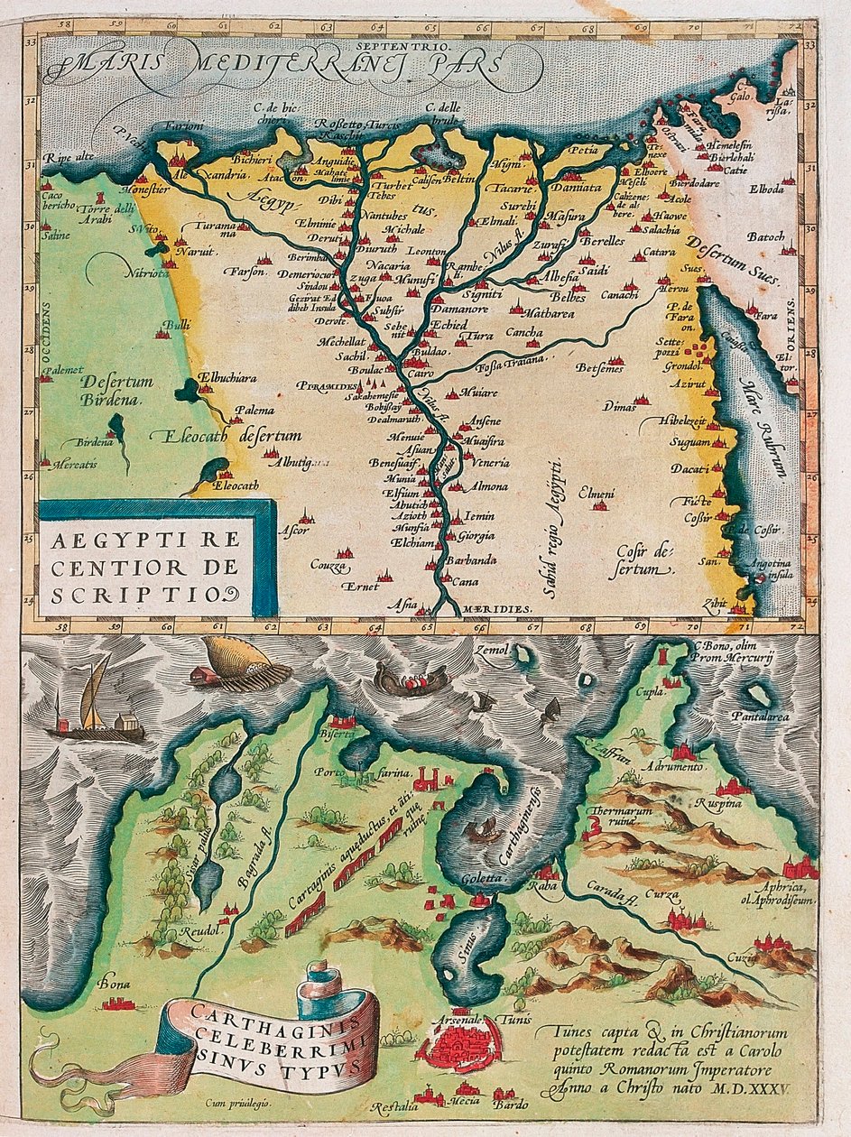 新埃及由。 - Carthaginis Celeberrimi typus。 埃及地理地图，尼罗河和迦太基（突尼斯）来自杰拉德·墨卡托的《阿特拉斯》（Oertel、Ortello 或 Ortel） 作者 亚伯拉罕·奥特里乌斯（Abraham Ortelius）