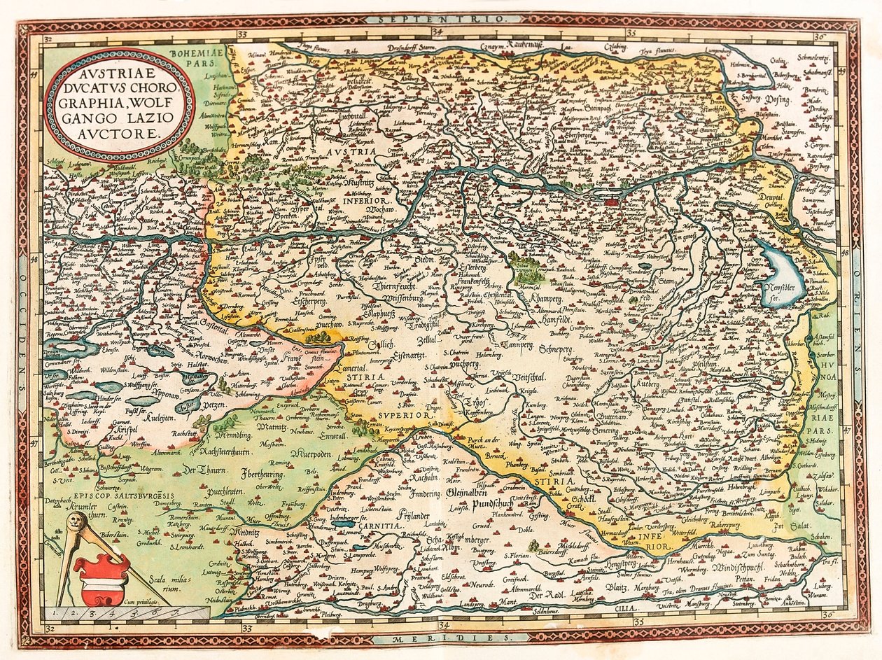 Austria Ducatus Chorographia Wolfgango Lazio Auctore Geography map of the territory of Austria with the Danube River and the city of Vienna from “Theatrum Orbis Terrarum” by Abraham Ortelius (Oertel, Ortell or Ortel 作者 亚伯拉罕·奥特里乌斯（Abraham Ortelius）