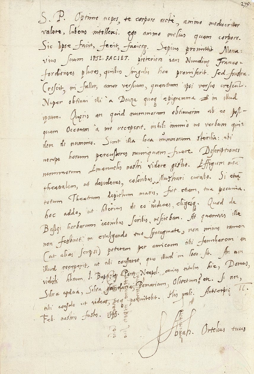 1595年2月2日在安特卫普给他的侄子雅各布·库尔（雅各布·科里乌斯）的亲笔签名信（纸笔） 作者 亚伯拉罕·奥特里乌斯（Abraham Ortelius）