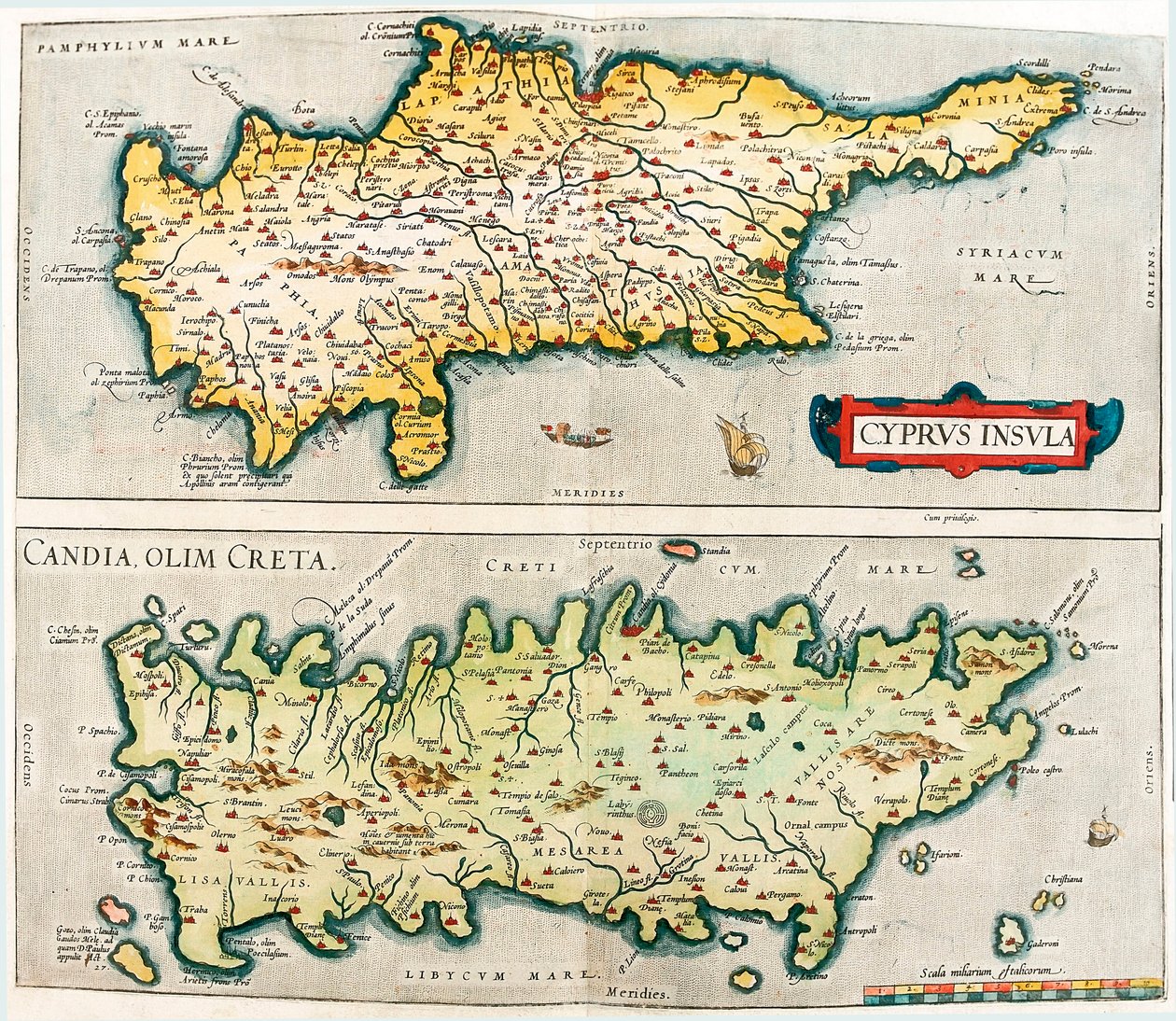 塞浦路斯岛 - Candia, olim Creta 地中海岛屿塞浦路斯和希腊克里特岛的地理地图来自亚伯拉罕·奥尔特留斯（Oertel、Ortell 或 Ortel）的“Theatrum Orbis Terrarum” 作者 亚伯拉罕·奥特里乌斯（Abraham Ortelius）