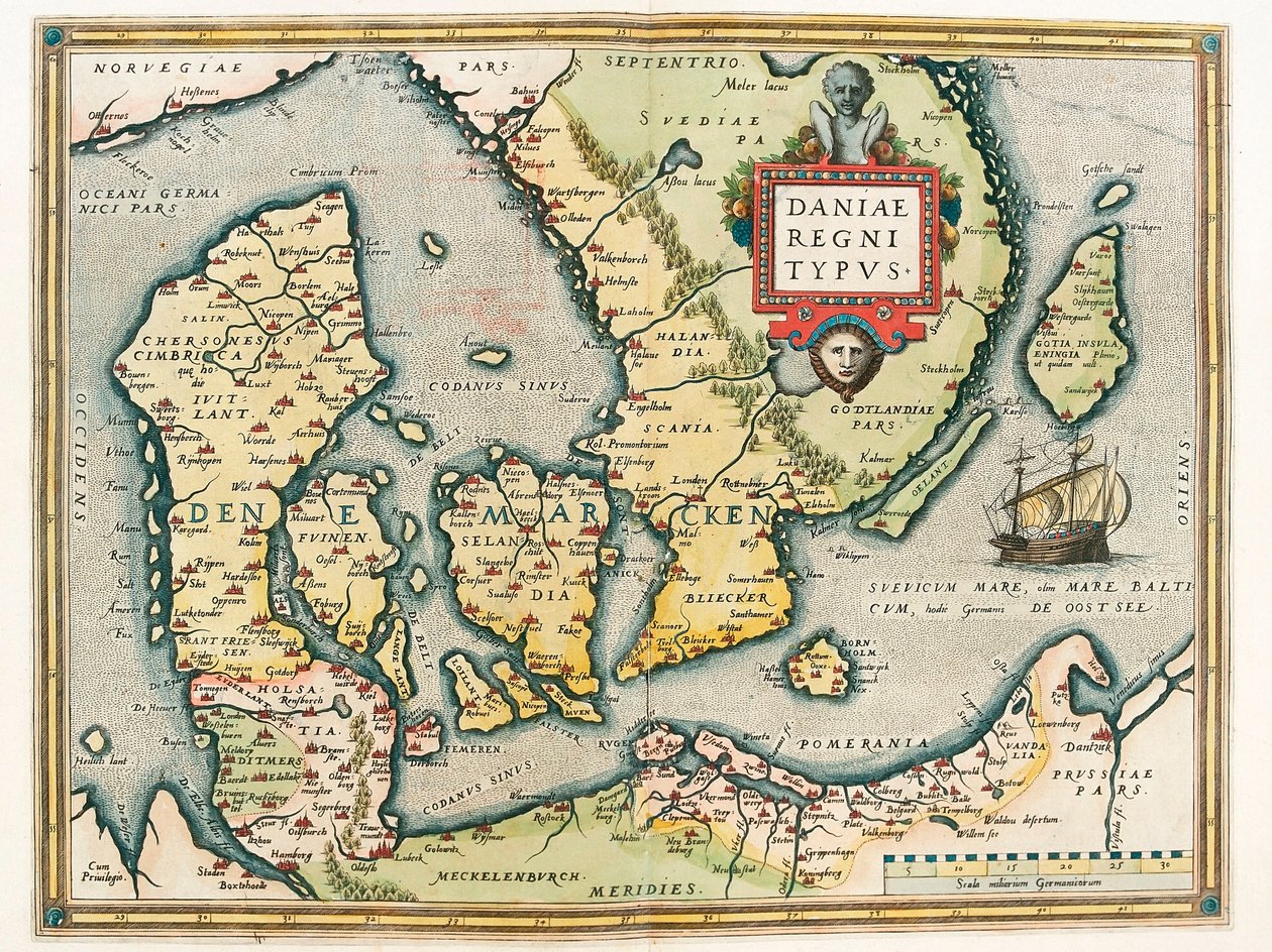 Daniae regni Typus 丹麦和瑞典南部领土的地理地图，来自亚伯拉罕·奥特留斯（Abraham Ortelius）的“Theatrum Orbis Terrarum”（奥特尔、奥特尔或奥特尔 作者 亚伯拉罕·奥特里乌斯（Abraham Ortelius）