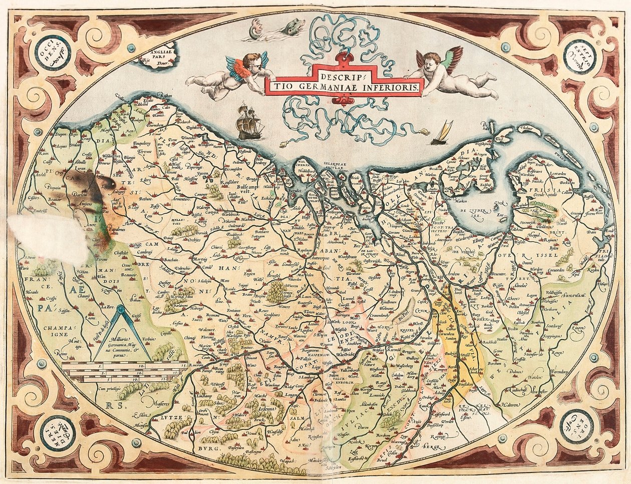 描述 德国 荷兰领土的下地理地图来自 Gerard Mercator（Oertel、Ortello 或 Ortel）的日耳曼“地图集” 作者 亚伯拉罕·奥特里乌斯（Abraham Ortelius）