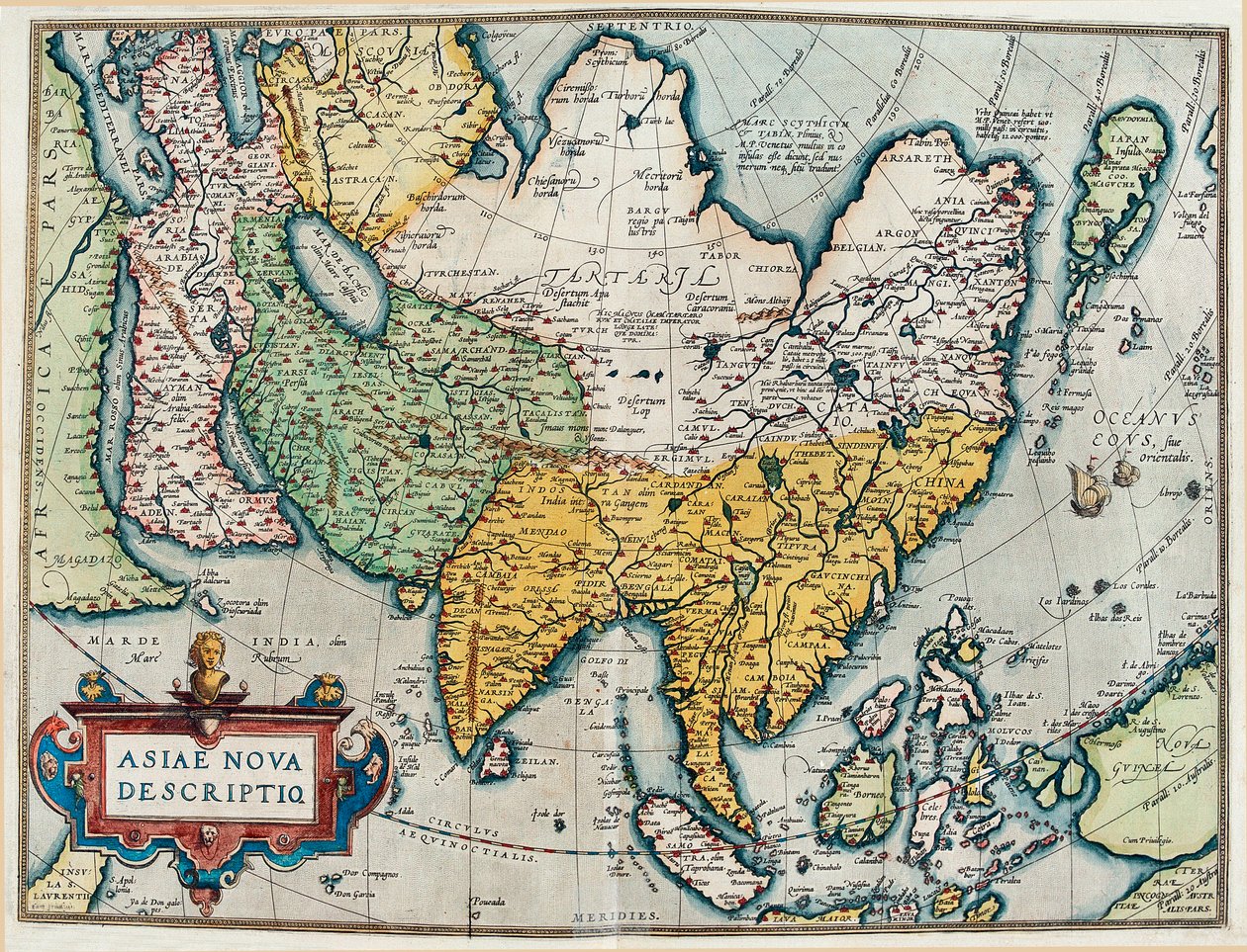 亚洲大陆的描述，来自 "Theatrum Orbis Terrarum "的地理地图 作者 亚伯拉罕·奥特里乌斯（Abraham Ortelius）