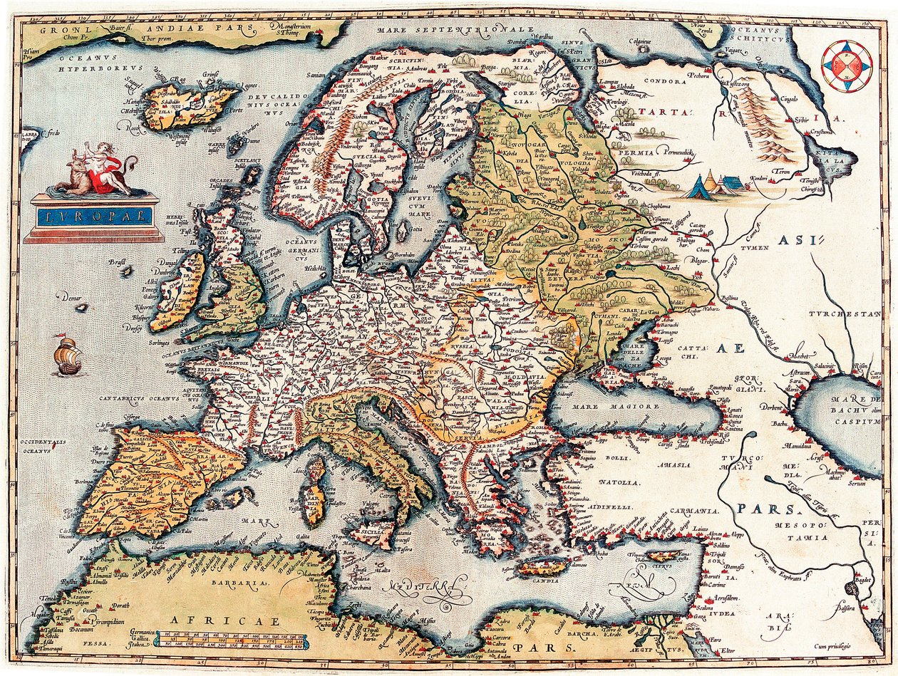 欧洲大陆的描述。亚伯拉罕·奥尔特里乌斯（Abraham Ortelius）撰写的“剧场Orbis Terrarum”地理地图 作者 亚伯拉罕·奥特里乌斯（Abraham Ortelius）