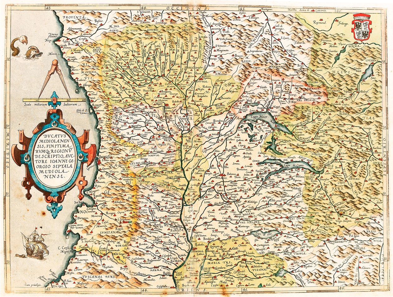 米兰公爵，Finitimarumq Regionu 描述 作者：Iooanne Georgio Septala Mediolanense 来自 Gerard Mercator（Oertel、Ortello 或 Ortel）“Atlas”的米兰公爵地理地图 作者 亚伯拉罕·奥特里乌斯（Abraham Ortelius）