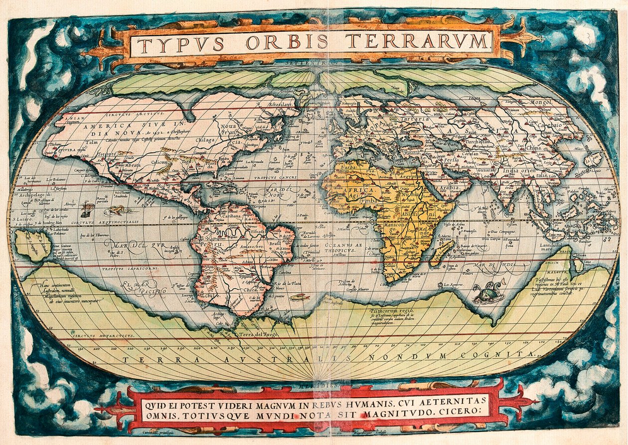 地球地图（世界地图） 来自亚伯拉罕·奥尔特留斯 (1527-1598) 的“Theatrum Orbis Terrarum”的地理地图 作者 亚伯拉罕·奥特里乌斯（Abraham Ortelius）