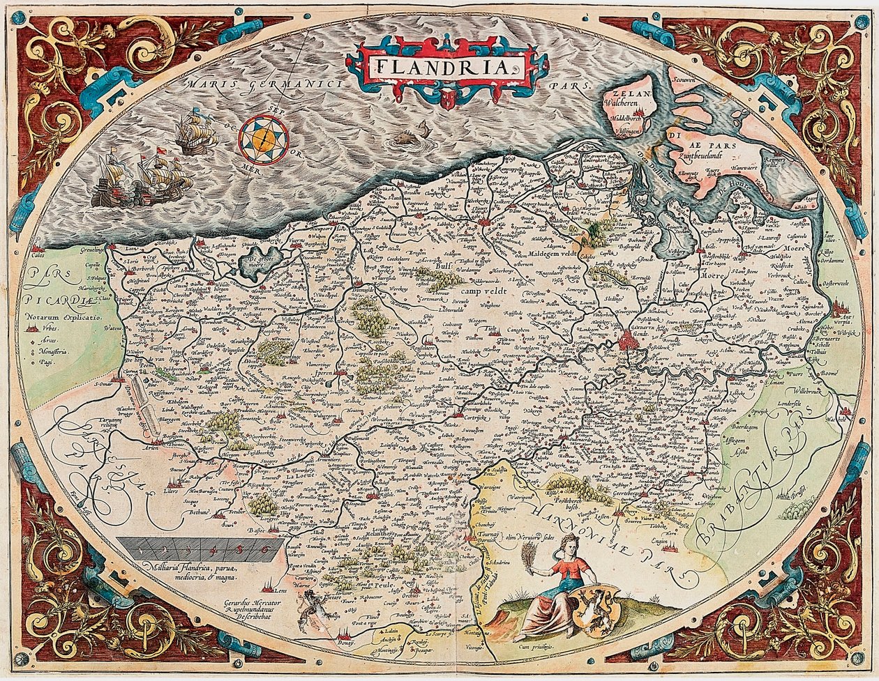 弗兰德里亚 弗兰德斯领土地理地图来自亚伯拉罕·奥尔特留斯 (Oertel、Ortell 或 Ortel) 的“Theatrum Orbis Terrarum” 作者 亚伯拉罕·奥特里乌斯（Abraham Ortelius）
