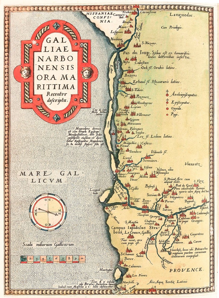 Galliae Narbonensis 或 Marittima 中心描述 纳博讷领土的地理地图，从纳博讷市到马赛，途经贝济耶、蒙彼利埃、阿尔勒......取自亚伯拉罕·奥特留斯（奥特尔、奥特尔或奥尔）的“Theatrum Orbis Terrarum” 作者 亚伯拉罕·奥特里乌斯（Abraham Ortelius）