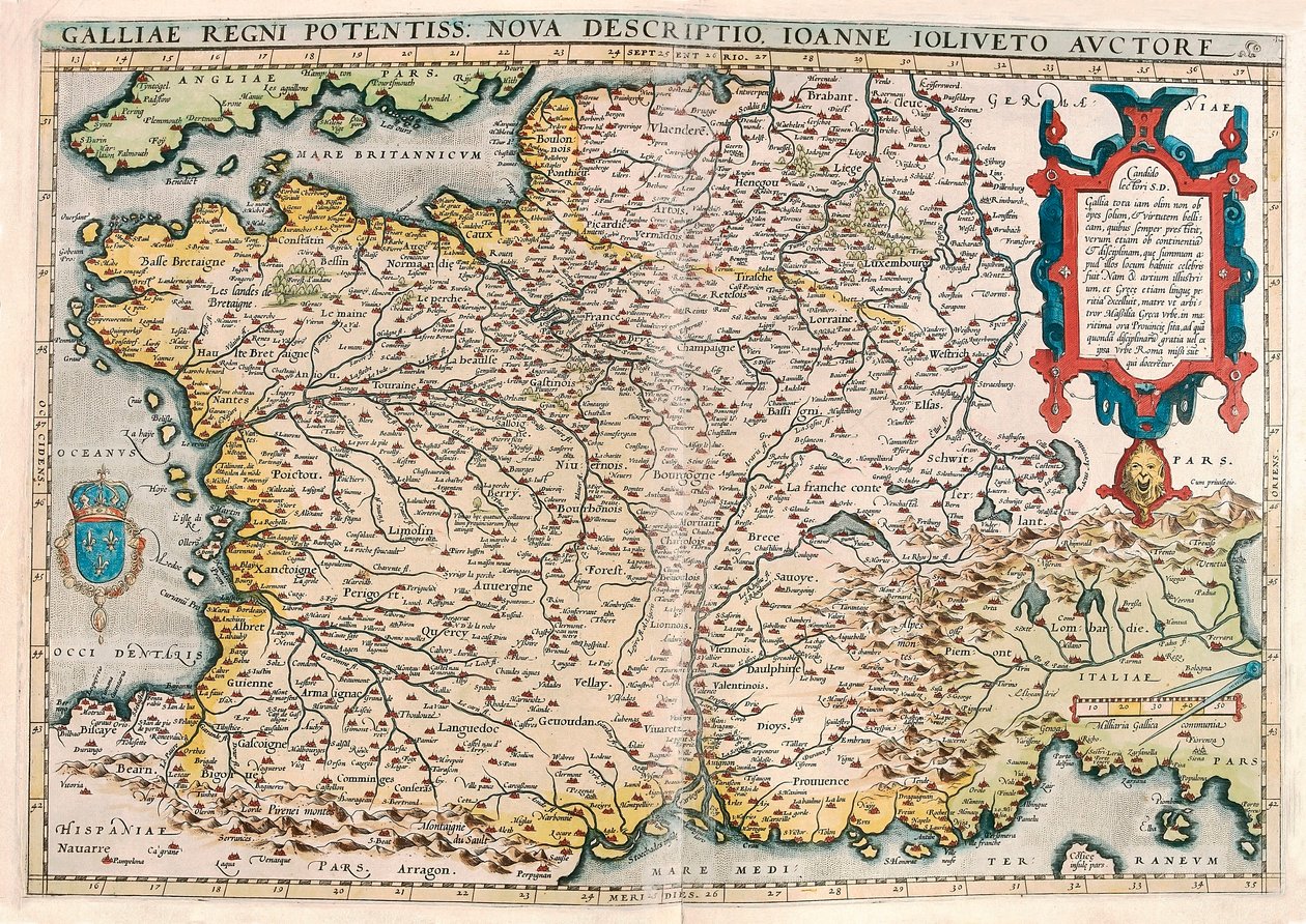 Galliae regni potentiss. nova descriptio.Ioanne Ioliveto auctore 高卢（法国）领土的地理图，出自Abraham Ortelius的 "Theatrum Orbis Terrarum"（Oertel、Ortell或Ortel）。 作者 亚伯拉罕·奥特里乌斯（Abraham Ortelius）