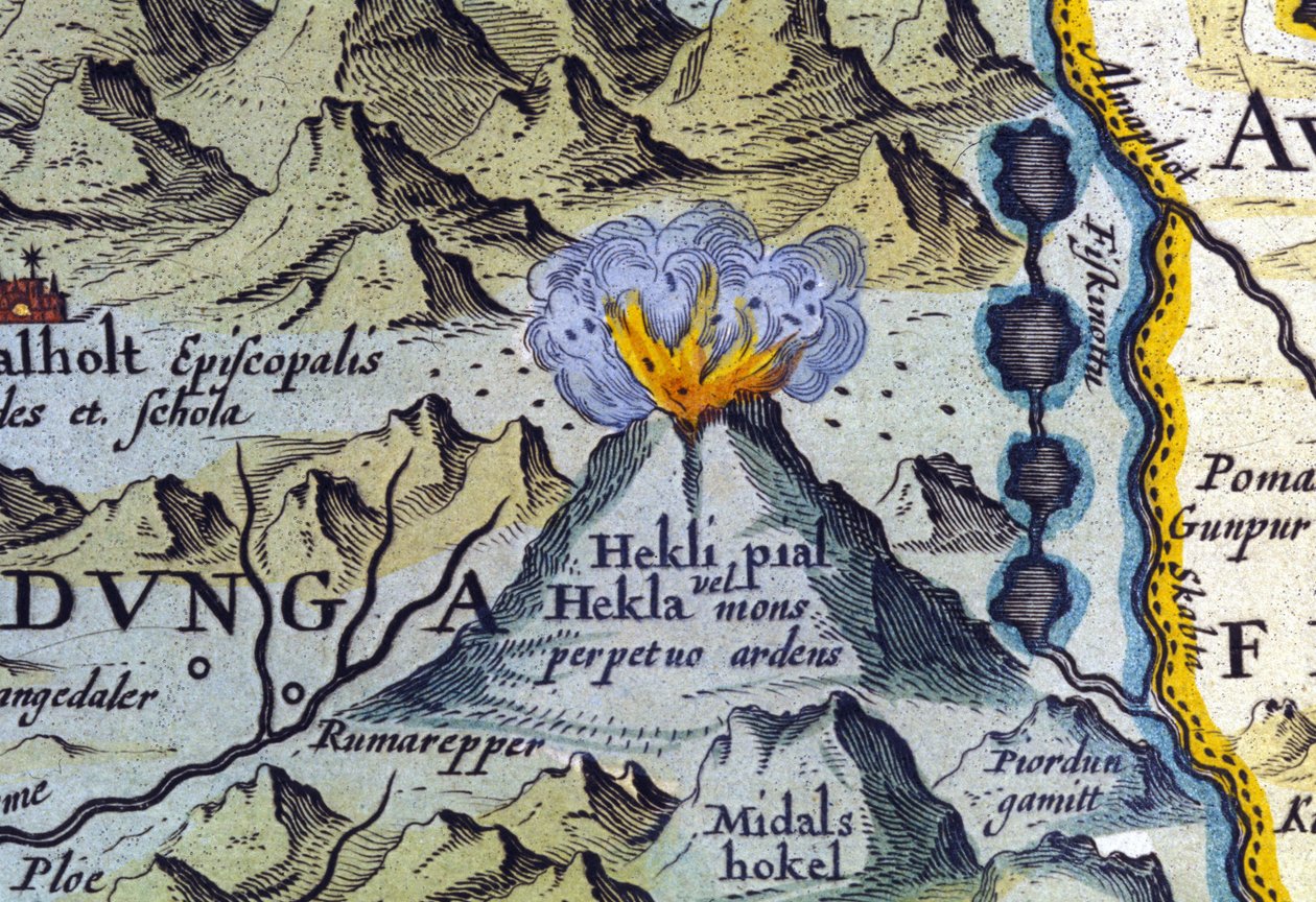 冰岛赫克拉火山。 亚伯拉罕·奥特柳斯地图集，阿姆斯特丹，1588 年。 作者 亚伯拉罕·奥特里乌斯（Abraham Ortelius）