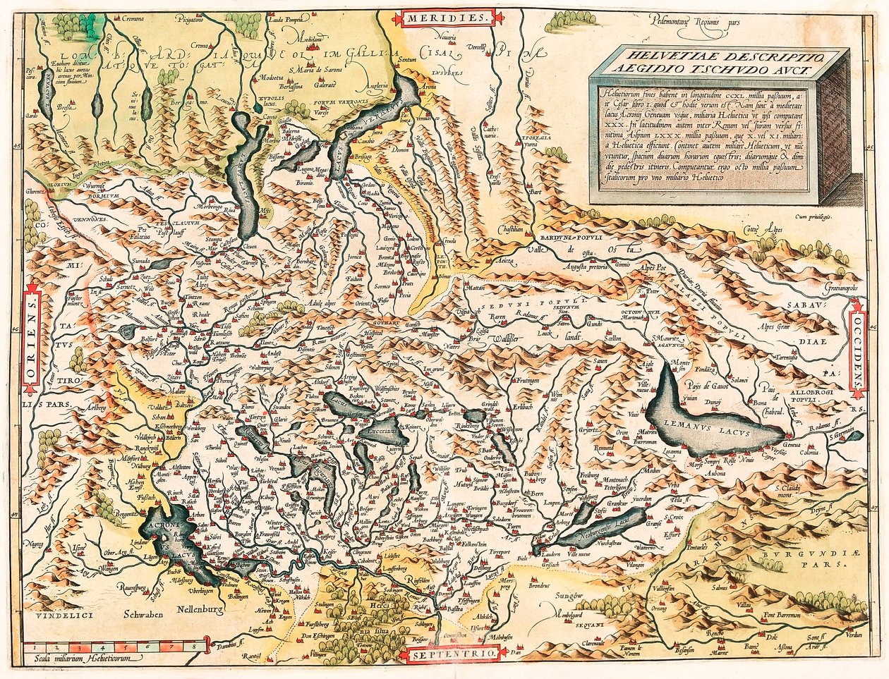 Helvetiae Descriptio Aegidio Tschudo Auct.瑞士和法国阿尔卑斯山地理图，包括湖泊，出自亚伯拉罕-奥特留斯的 "Theatrum Orbis Terrarum"（Oertel, Ortell或Ortel）。 作者 亚伯拉罕·奥特里乌斯（Abraham Ortelius）