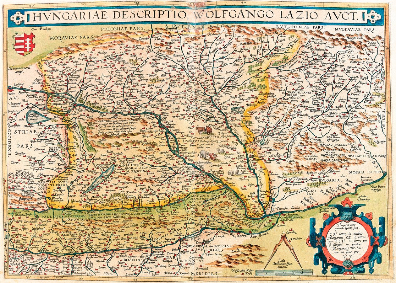 匈牙利语描述，Wolfgango Lazio 拍卖。 从“Theatrum Orbis Terrarum”中的匈牙利领土地理地图，亚伯拉罕·奥尔特留斯（Oertel、Ortell 或 Ortel 作者 亚伯拉罕·奥特里乌斯（Abraham Ortelius）