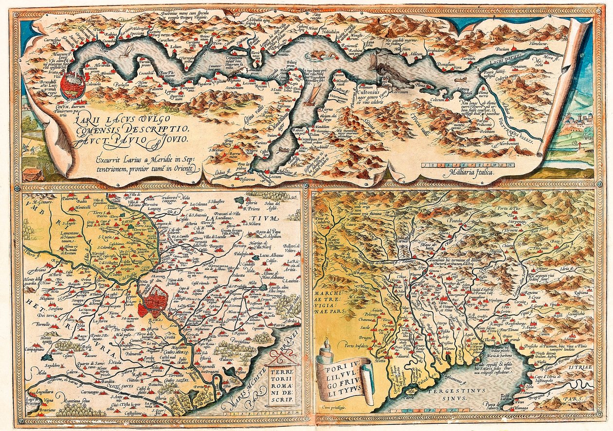 Larii Lacus Vulgo Tertorii Romani Fori Iulii。意大利北部地理图，摘自亚伯拉罕-奥特留斯的 "Theatrum Orbis Terrarum"（Oertel，Ortell或Ortel）。 作者 亚伯拉罕·奥特里乌斯（Abraham Ortelius）