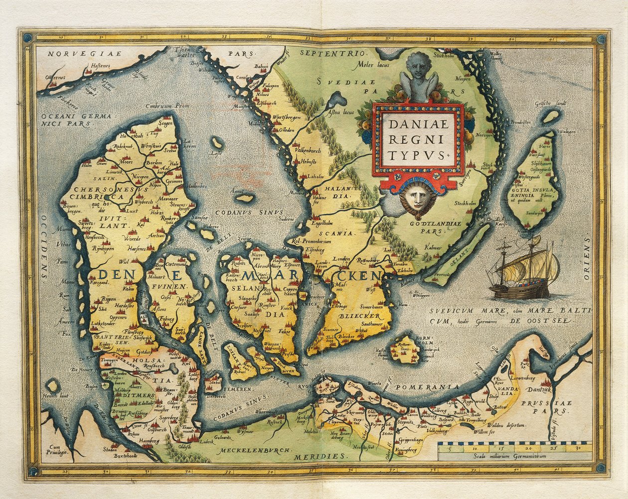 丹麦地图，摘自亚伯拉罕-奥特留斯的《地球地图》（Theatrum Orbis Terrarum）。 作者 亚伯拉罕·奥特里乌斯（Abraham Ortelius）