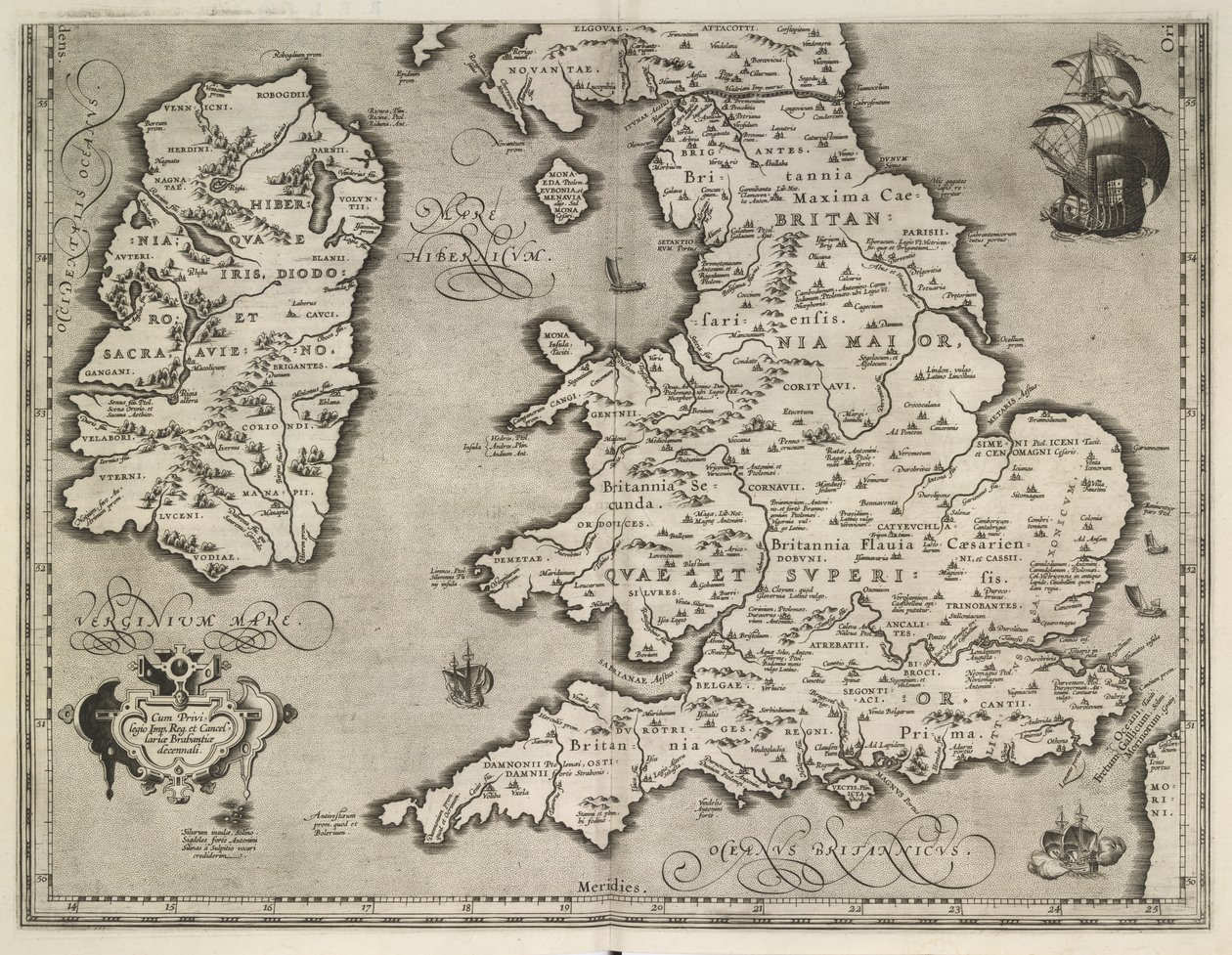 亚伯拉罕-奥特留斯绘制的《英格兰、威尔士和爱尔兰地图》（Theatrvm Orbis Terrarvm 作者 亚伯拉罕·奥特里乌斯（Abraham Ortelius）
