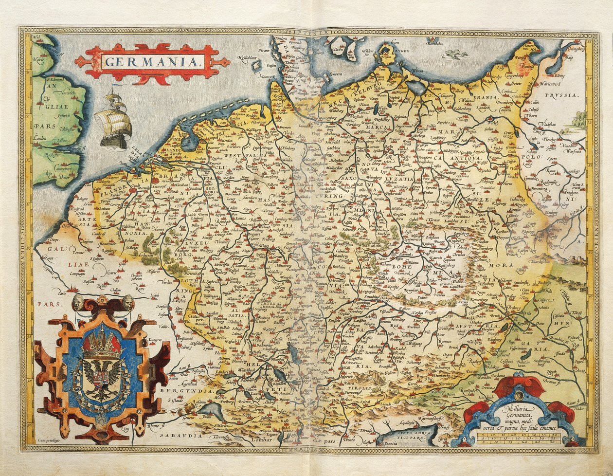 德国地图，摘自亚伯拉罕-奥特留斯的《世界地图》（Theatrum Orbis Terrarum）。 作者 亚伯拉罕·奥特里乌斯（Abraham Ortelius）
