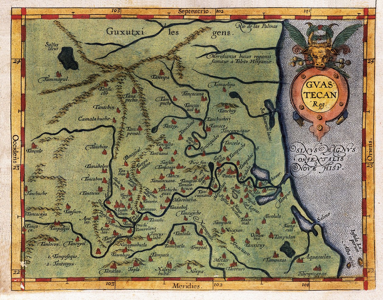 墨西哥湾（瓜斯特坎）地图，来自埃尔南多·德索托 1570 年的探险（雕刻） 作者 亚伯拉罕·奥特里乌斯（Abraham Ortelius）