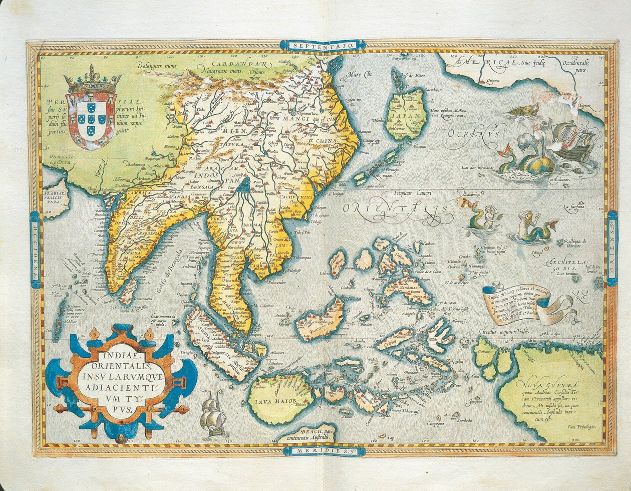 印度群岛地图，出自亚伯拉罕-奥特留斯的《奥比斯地球地图》。 作者 亚伯拉罕·奥特里乌斯（Abraham Ortelius）