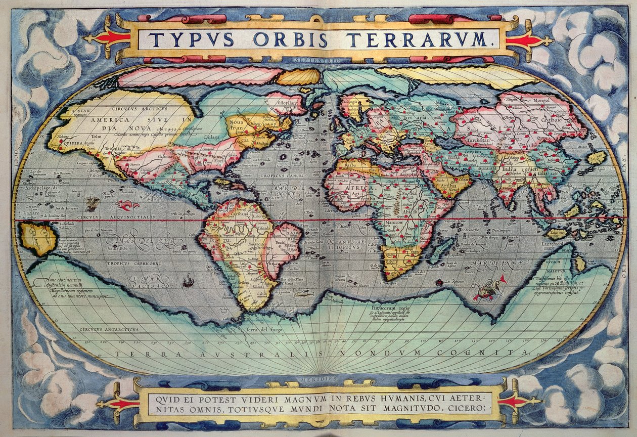 世界地图，选自安特卫普《世界地图》（Theatrum Orbis Terrarum 作者 亚伯拉罕·奥特里乌斯（Abraham Ortelius）