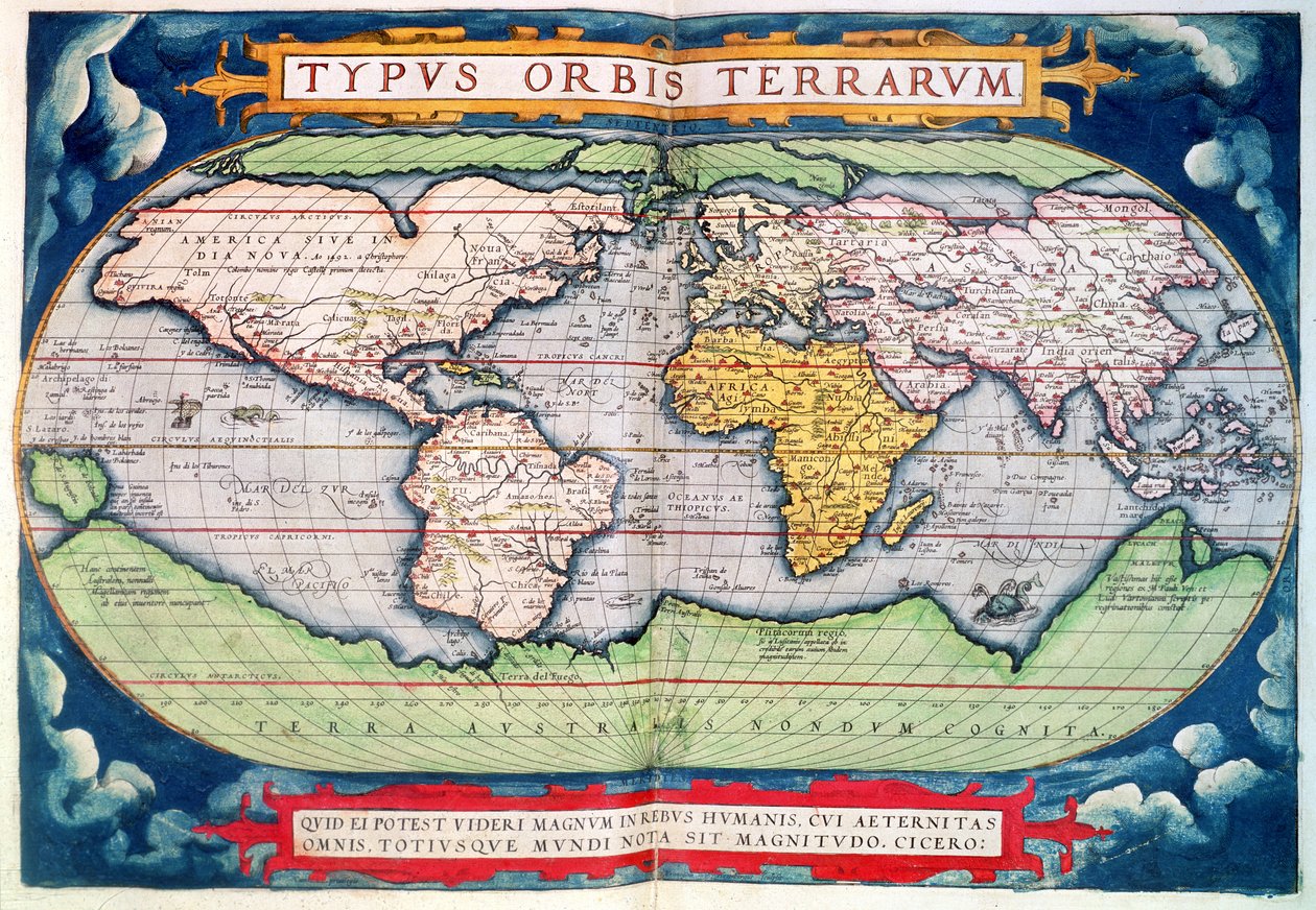 世界地图："Typus Orbis Terrarum"，选自奥特留斯的 "Americaesive Novi Orbis" (新美洲地形图) 作者 亚伯拉罕·奥特里乌斯（Abraham Ortelius）