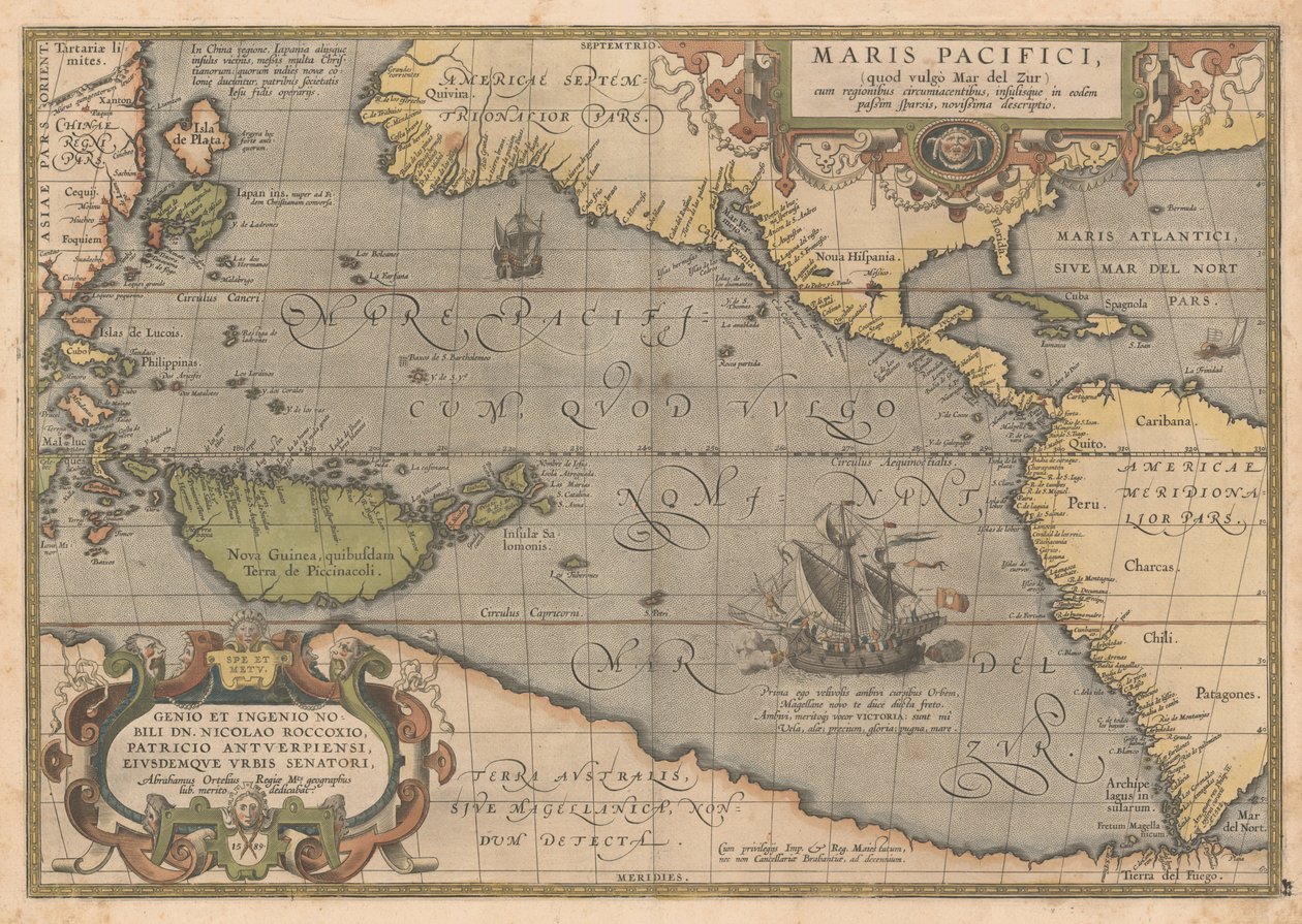 太平洋海从戏剧界，1595 作者 亚伯拉罕·奥特里乌斯（Abraham Ortelius）