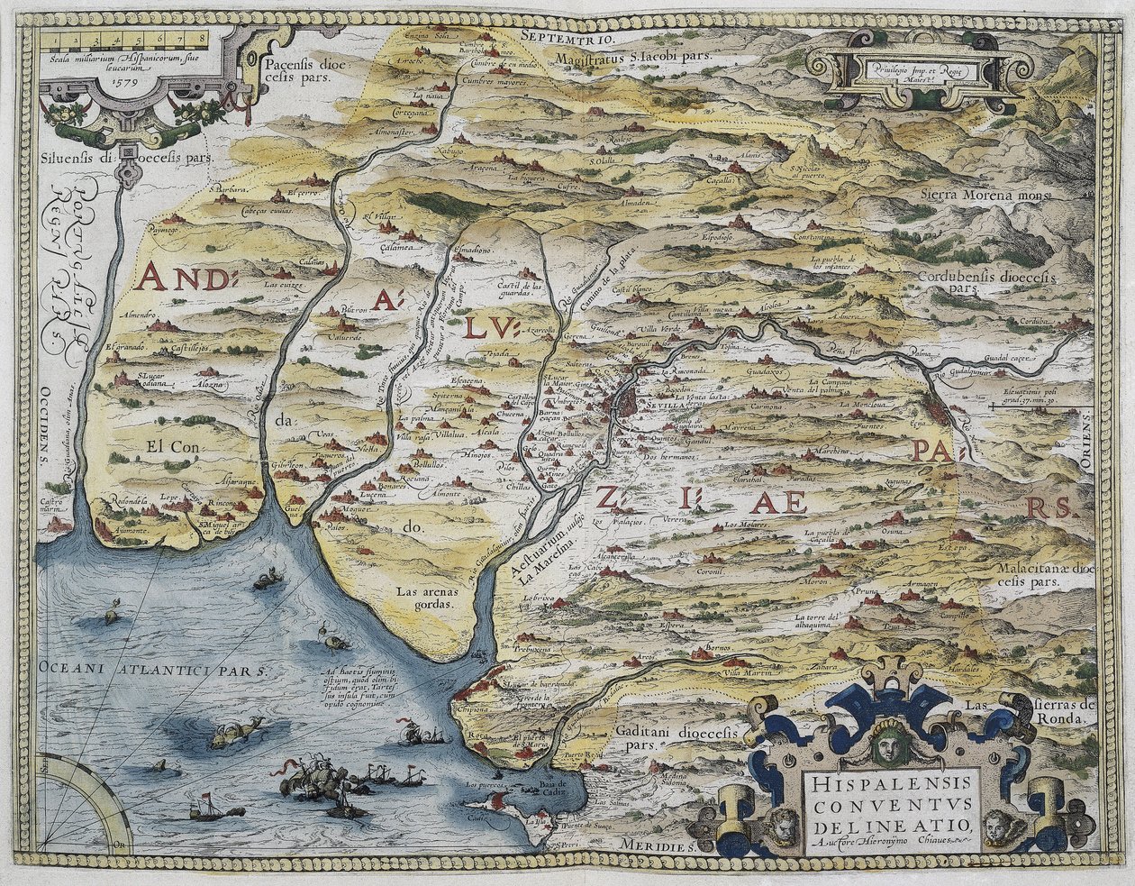 ORTELIUS, Abraham (1527-1598).Theatrum Orbis Terrarum.1570.它被认为是第一部现代地图集。CHAVES, Jeronimo de（1523-1574 年）。数学家、天文学家和航海家。西安达卢西亚地图。根据 Hieronimus Chiaves（杰罗尼莫-德-查维斯）的地图绘制。 作者 亚伯拉罕·奥特里乌斯（Abraham Ortelius）