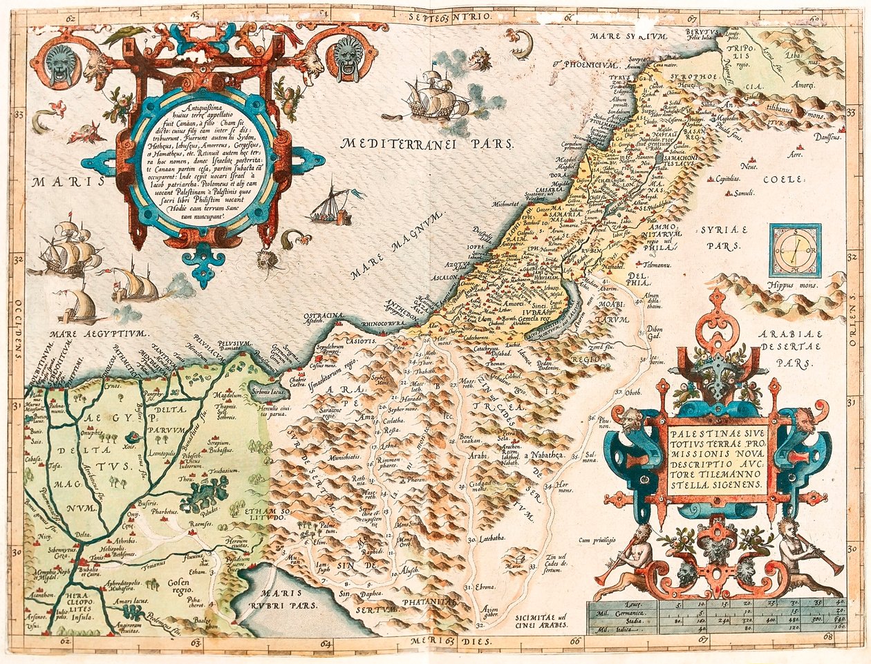 巴勒斯坦或整个巴勒斯坦领土的应许地理地图来自 Gerard Mercator（Oertel、Ortello 或 Ortel 作者 亚伯拉罕·奥特里乌斯（Abraham Ortelius）