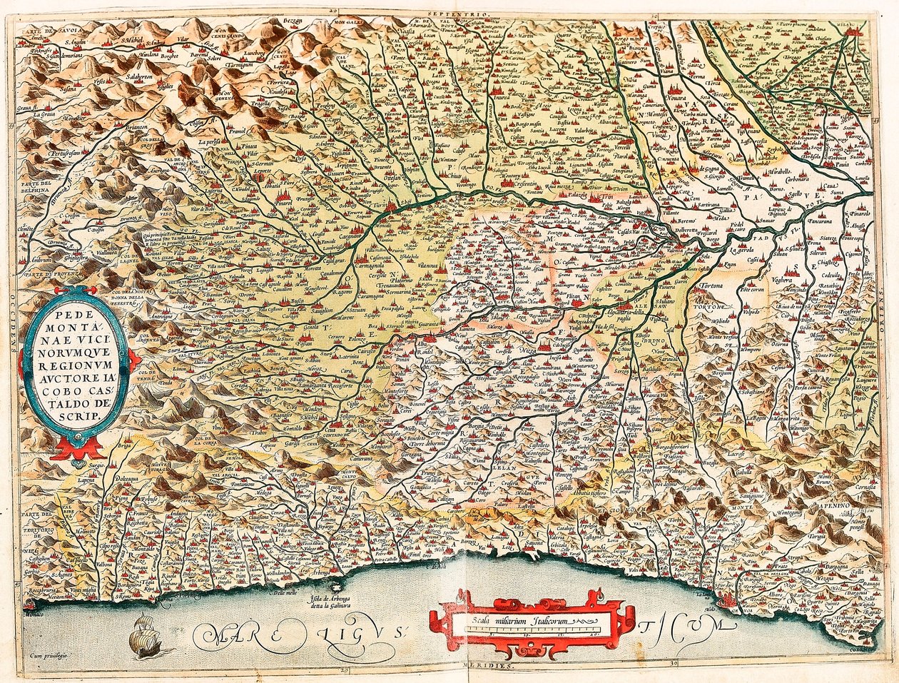 Vicinorumque Piedmont 地区 Auctore Castaldo 描述。 意大利领土从摩纳哥到法国的地理地图，从杰拉德·墨卡托 (Gerard Mercator) 的《阿特拉斯》(Atlas) 中，从萨沃纳 (Savona) 和热那亚 (Genoa) 穿过帝国各省的基因 ( 作者 亚伯拉罕·奥特里乌斯（Abraham Ortelius）