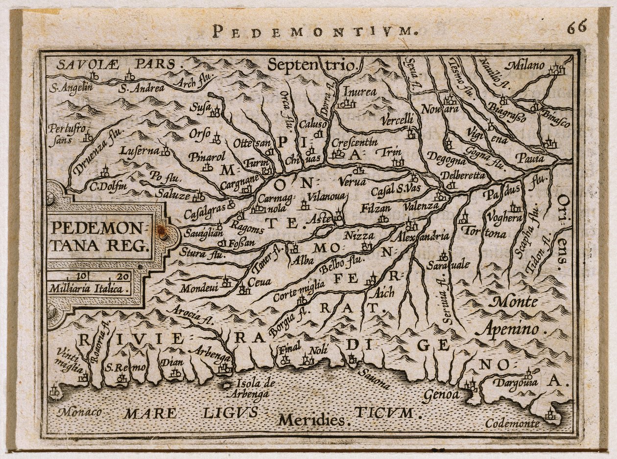 皮埃蒙特和西利古里亚地区。摘自亚伯拉罕-奥特留斯的Theatrum Orbis Terrarum。 作者 亚伯拉罕·奥特里乌斯（Abraham Ortelius）