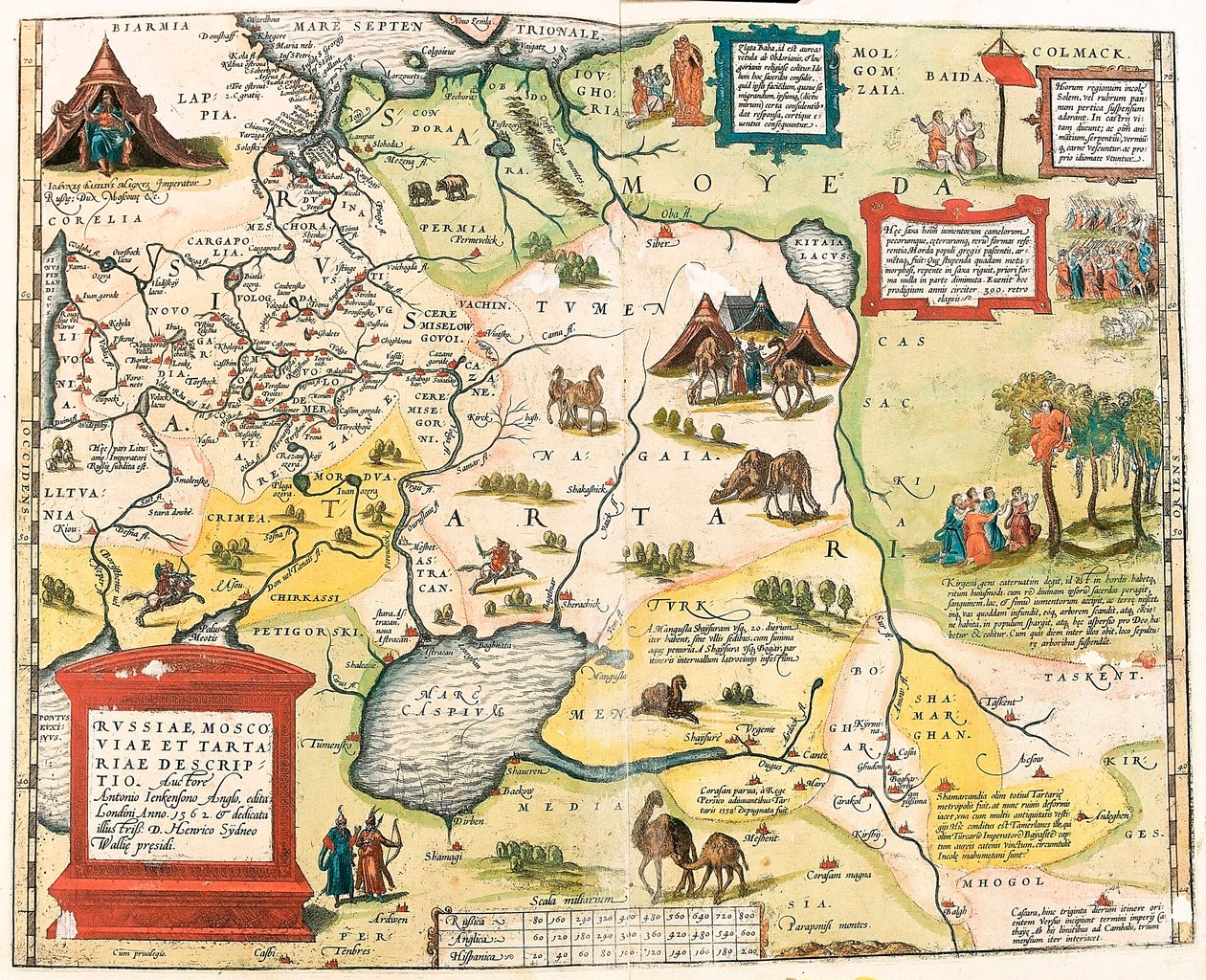 俄罗斯、莫斯科和鞑靼描述。 Antonio Ienkensono Anglo，1562 年在伦敦出版 由 Gerard Mercator（Oertel、Ortello 或 Ortel 作者 亚伯拉罕·奥特里乌斯（Abraham Ortelius）