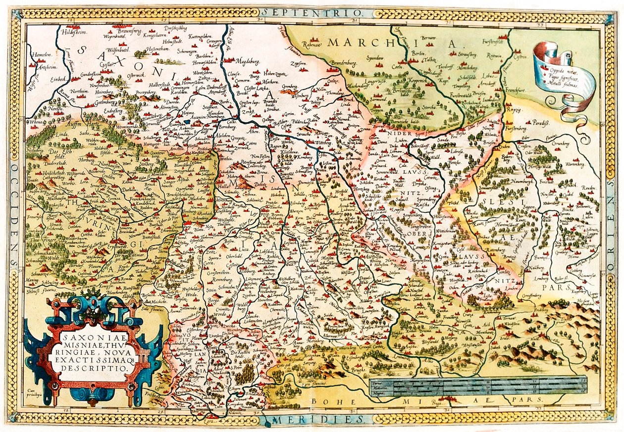 Saxony, Misniae, Thuringia, New Accurssimaque 描述 德国图林根州萨克森州领土的地理地图来自 Gerard Mercator (Oertel, Ortello 或 Ortel) 作者 亚伯拉罕·奥特里乌斯（Abraham Ortelius）