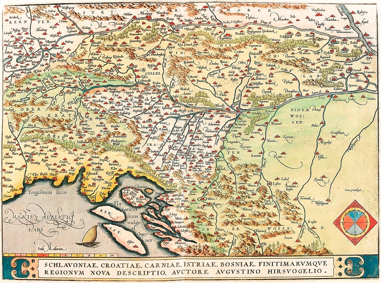 Schlavoniae, Croatiae, Carniae, Istriae, Bosniae, Finitimarumque Regionum Nova Descriptio, Auctore Augustino Hirsuogelio 斯拉沃尼亚、克罗地亚、波斯尼亚和达尔马提亚领土的地理图，出自亚伯拉罕-奥特留斯的《Theatrum Orbis Terrarum》（奥特留斯。 作者 亚伯拉罕·奥特里乌斯（Abraham Ortelius）