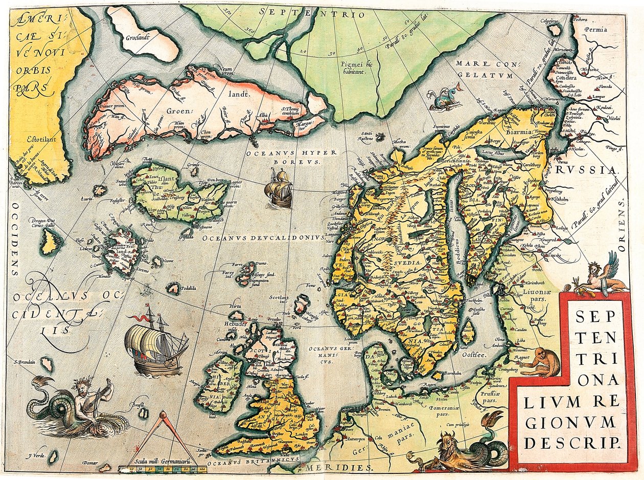 北和描述。 Gerard Mercator (Oertel、Ortello 或 Ortel) 的《阿特拉斯》中的斯堪的纳维亚和北欧地理地图 作者 亚伯拉罕·奥特里乌斯（Abraham Ortelius）