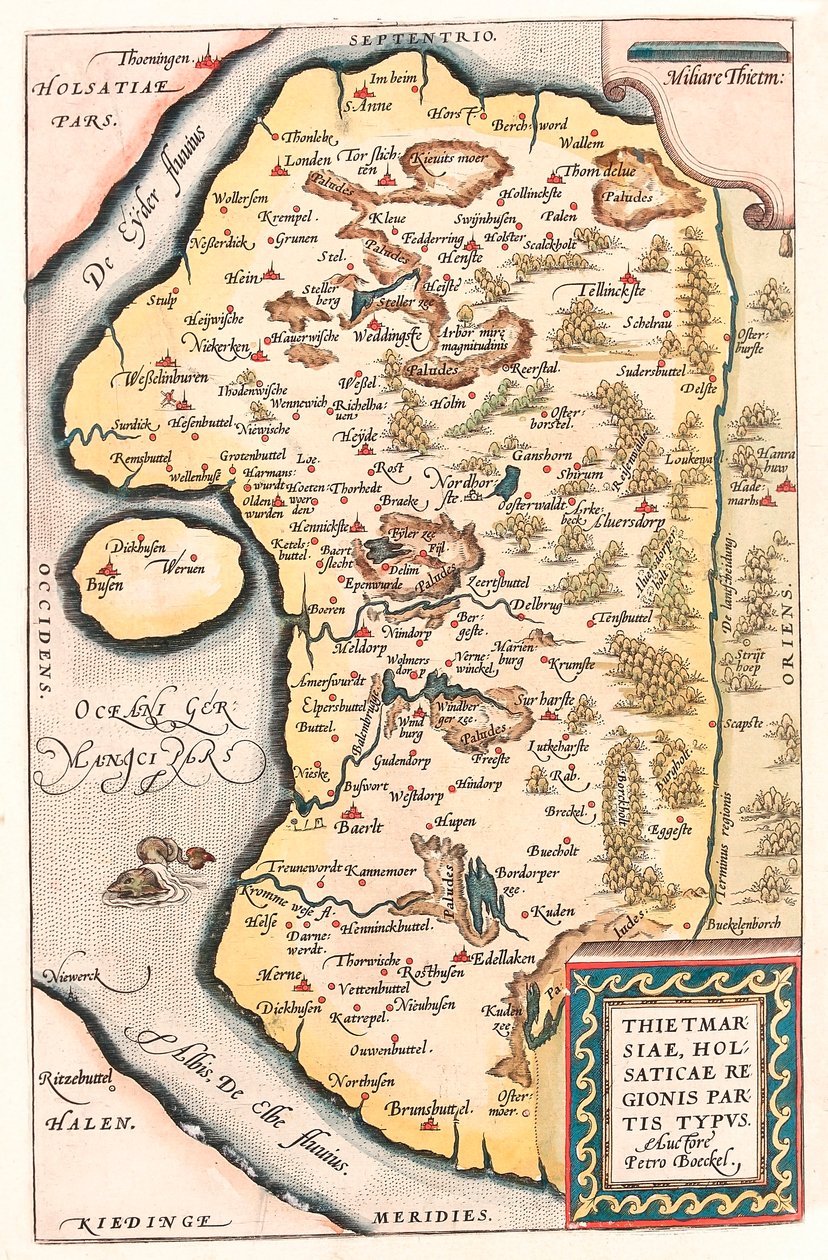Thietmarsiae, Holsaticae regionis 缔约方 typus 德国北部的地理地图与 Kuden 市从“Theatrum Orbis Terrarum”中取自亚伯拉罕·奥尔特留斯 (Oertel, Ortell 或 Ortel 作者 亚伯拉罕·奥特里乌斯（Abraham Ortelius）