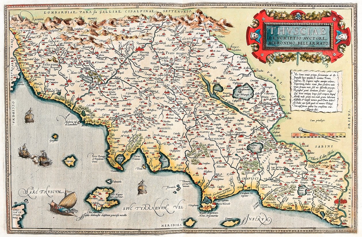 因而。 杰罗姆·贝拉马托 (Jerome Bellamarto) 的描述 意大利托斯卡纳 (Tuscany) 领土的地理地图来自杰拉德·墨卡托 (Gerard Mercator) 的“阿特拉斯” (Oertel、Ortello 或 Ortel 作者 亚伯拉罕·奥特里乌斯（Abraham Ortelius）