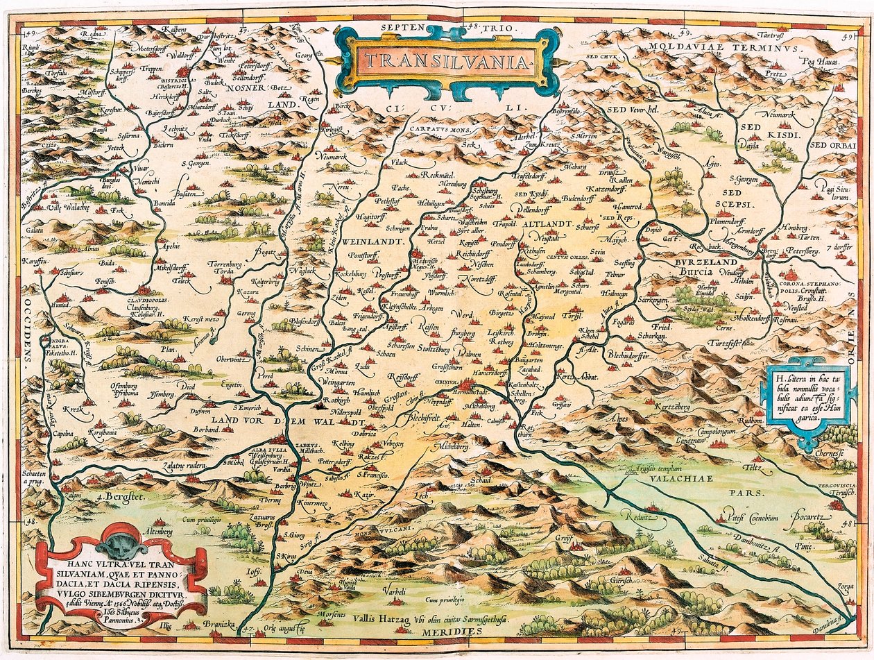 特兰西瓦尼亚地理地图特兰西瓦尼亚领土（特兰西瓦尼亚）来自“Theatrum Orbis Terrarum” by Abraham Ortelius (Oertel, Ortell or Ortel 作者 亚伯拉罕·奥特里乌斯（Abraham Ortelius）