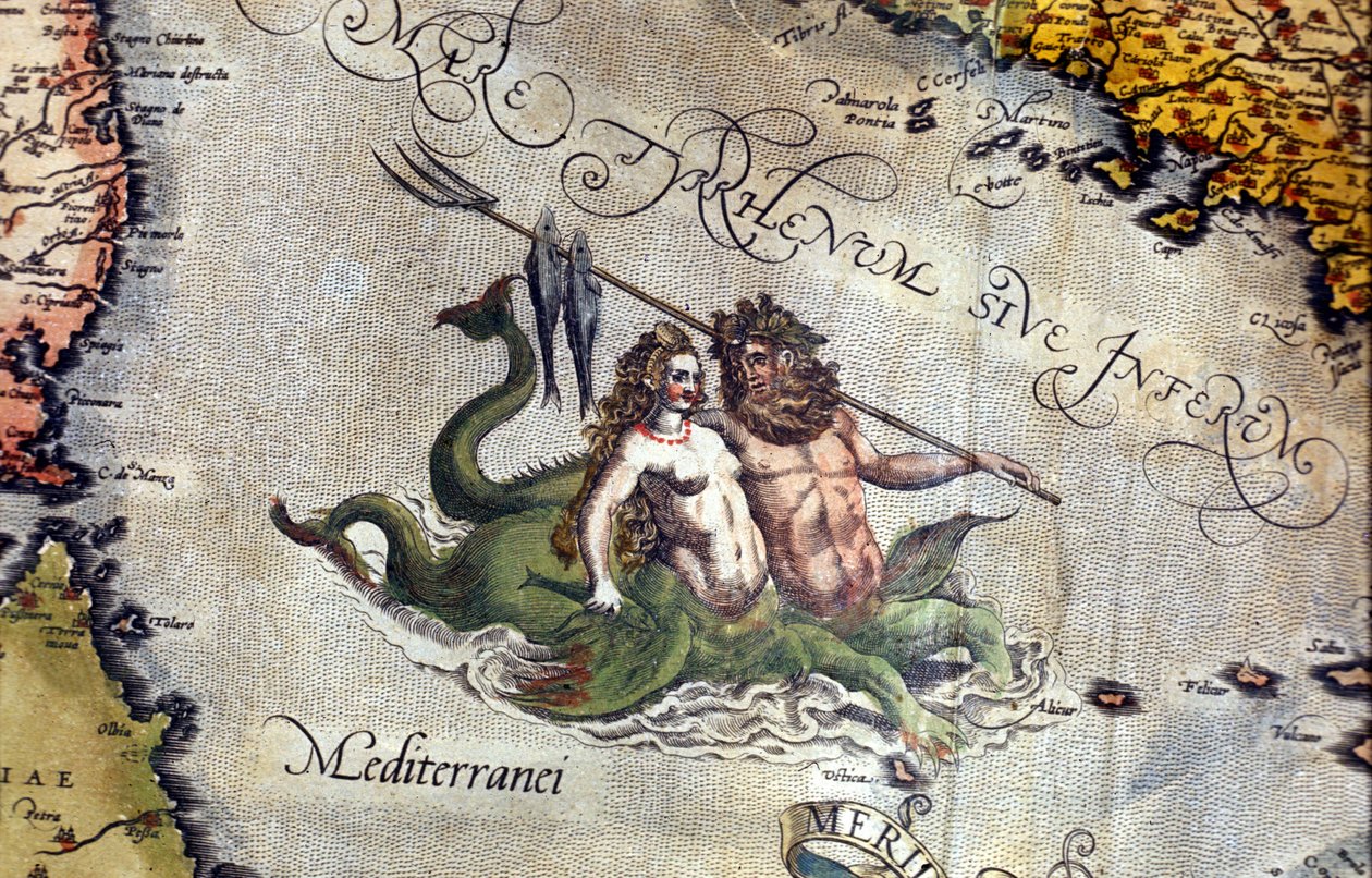 地中海中的特莱顿和塞雷娜。"Theatrum Orbis Terrarum"，作者Abrahm Ortelius，安特卫普1584。 作者 亚伯拉罕·奥特里乌斯（Abraham Ortelius）
