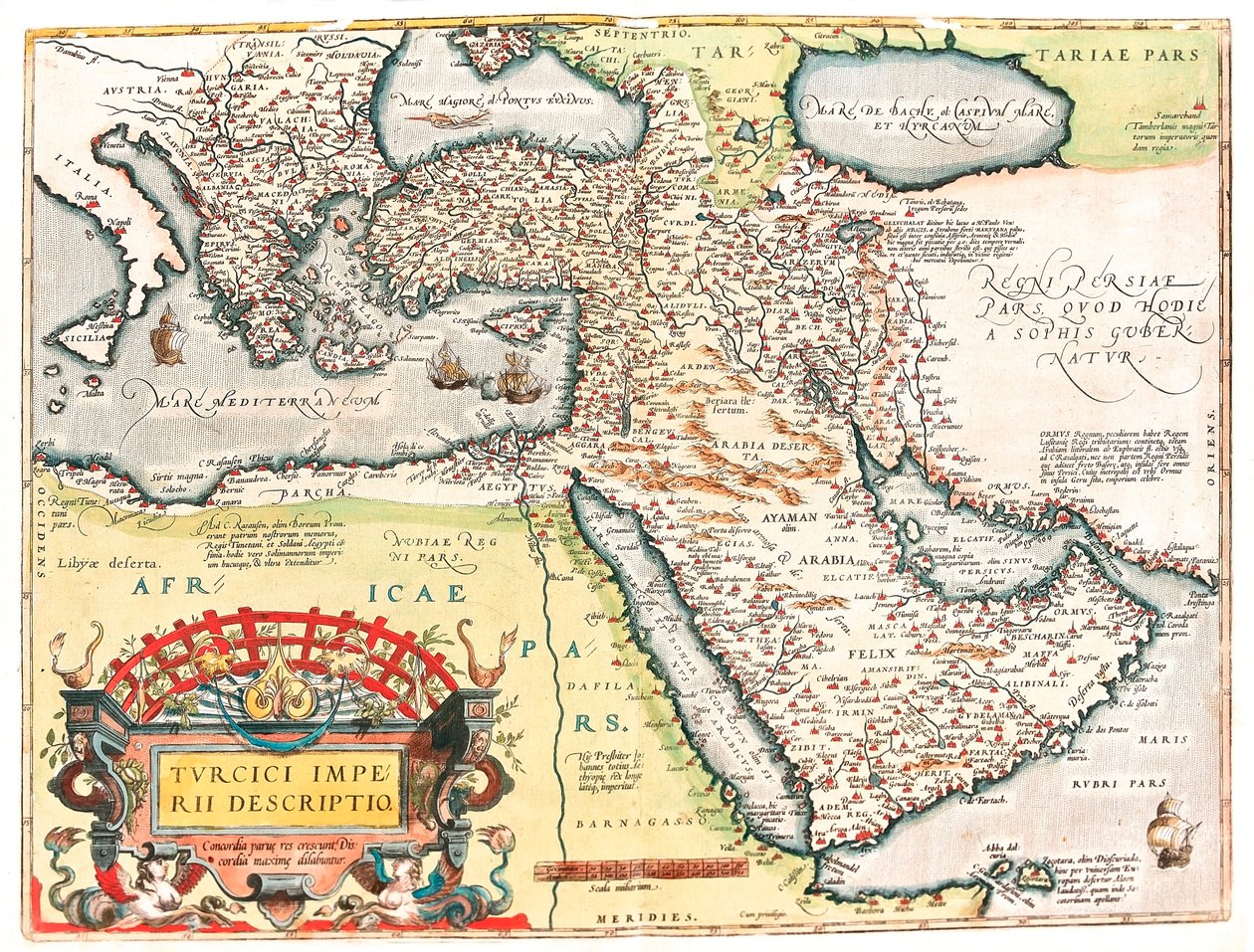 Turcici imperii descriptio 奥斯曼帝国领土的地理地图，取自亚伯拉罕·奥尔特留斯（Oertel、Ortell 或 Ortel）的“Theatrum Orbis Terrarum” 作者 亚伯拉罕·奥特里乌斯（Abraham Ortelius）