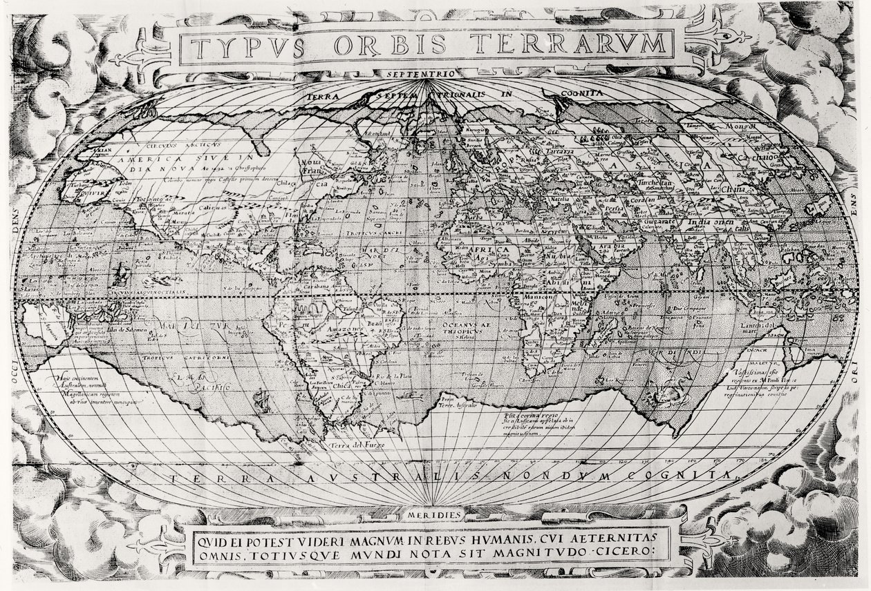 类型世界，世界地图，1577 作者 亚伯拉罕·奥特里乌斯（Abraham Ortelius）