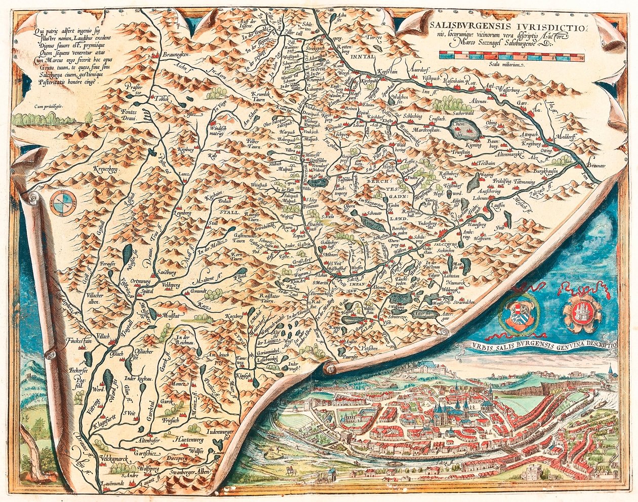 Salisburgensis 城市地理地图从 Gerard Mercator (Oertel, Ortello 或 Ortel 作者 亚伯拉罕·奥特里乌斯（Abraham Ortelius）