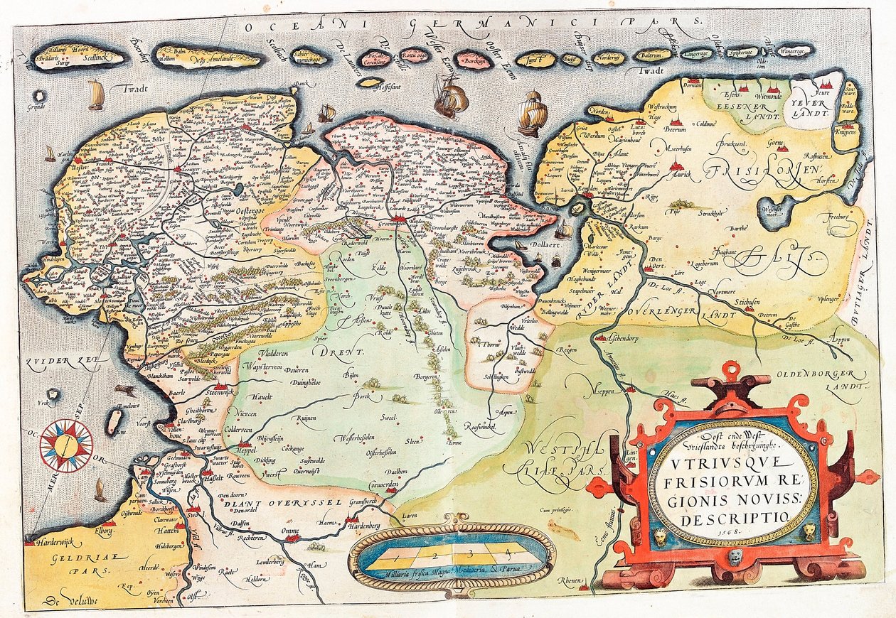 Utriusque Frisiorum regionis noviss。 描述 荷兰领土的地理地图，包括格罗宁根 (Groeningen) 和吕伐登市...取自亚伯拉罕·奥尔特留斯 (Oertel、Ortell 或 Ortel) 的“Theatrum Orbis Terrarum” 作者 亚伯拉罕·奥特里乌斯（Abraham Ortelius）