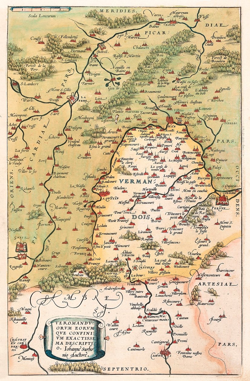 Veromanuorum 那些限制 Accurssima 描述 Vermandois 和 Picardy 在高卢（法国）领土的地理地图来自 Gerard Mercator（Oertel，Ortello 或 Ortel）的“地图集” 作者 亚伯拉罕·奥特里乌斯（Abraham Ortelius）