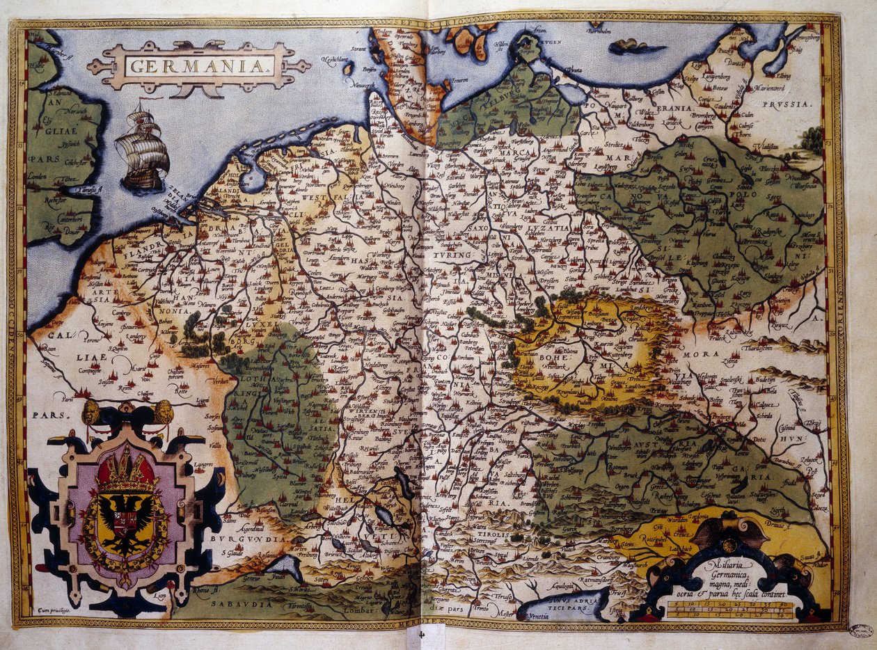 普鲁士的景色。制图师亚伯拉罕-奥特留斯（1527-1598年）的 "Theatrum Orbis Terrarum "一版中的图版。 作者 亚伯拉罕·奥特里乌斯（Abraham Ortelius）