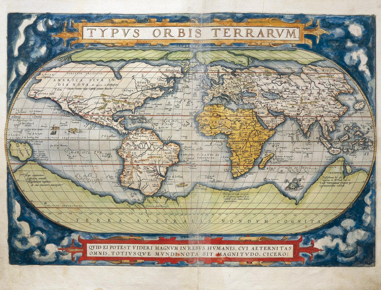 世界地图出自亚伯拉罕-奥特留斯的《世界地图》。 作者 亚伯拉罕·奥特里乌斯（Abraham Ortelius）