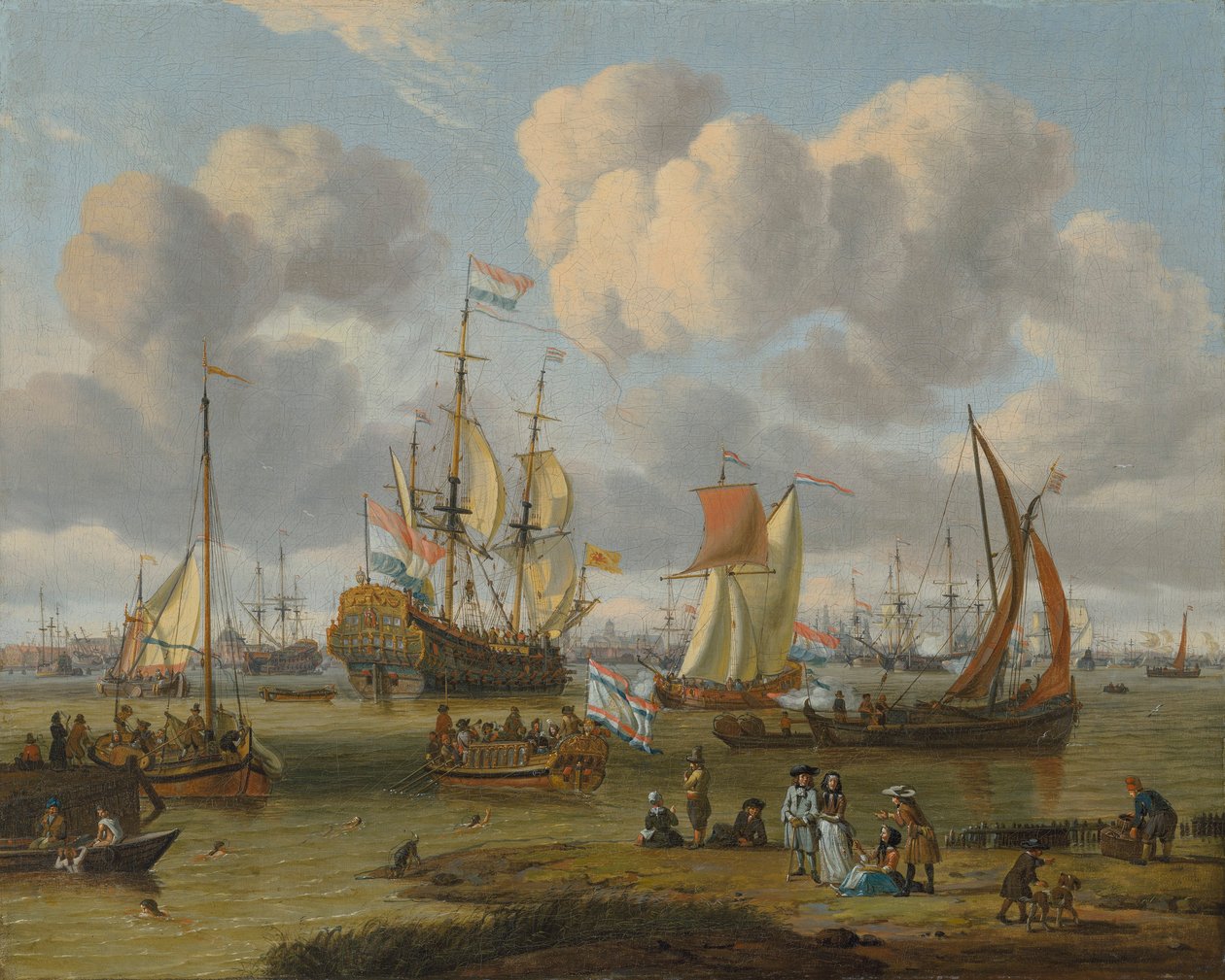 荷兰语：Schepen op het IJ voor Amsterdam 阿姆斯特丹近海航运，码头上有数字 作者 亚伯拉罕·斯托克