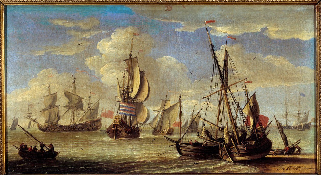 海上的船舶和船只 Paintrue by Abraham Storck (1635-1710) (ec.holl.) 17世纪 太阳。0,22x0,41m. . 作者 亚伯拉罕·斯托克
